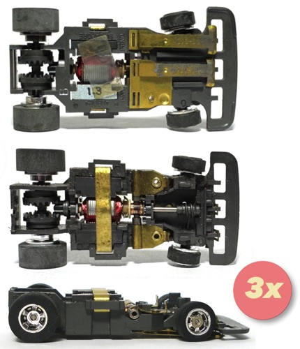3pc 1979 Aurora 'AFX' SpeedSteer Slot Less TCR Car Chassis Vintage